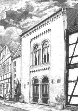 Das Schweriner Logenhaus, Schlachterstr. 17a in der Altstadt. Stich o.A..